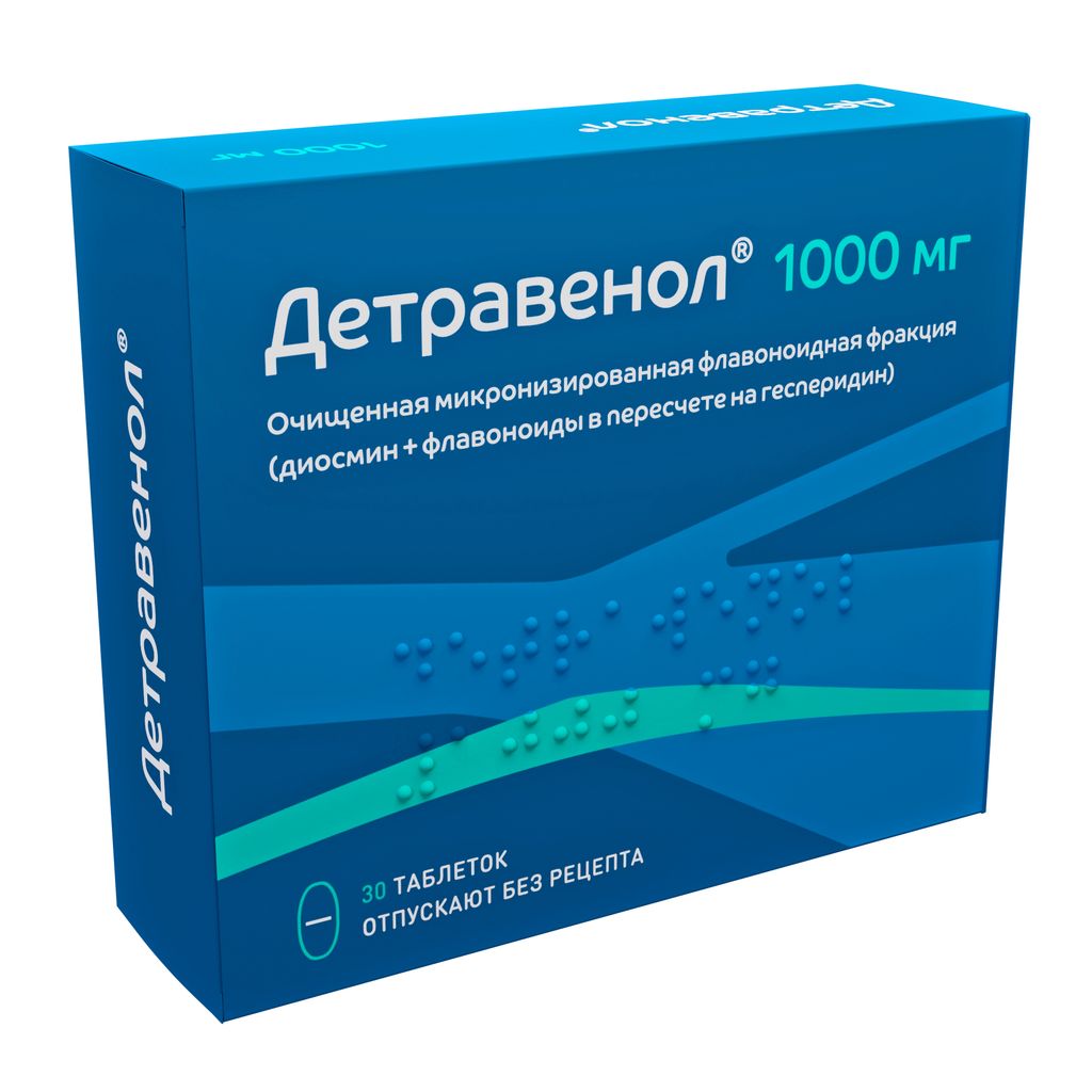 фото упаковки Детравенол, 1000 мг, таблетки, покрытые пленочной оболочкой, 30 шт. фото упаковки Детравенол