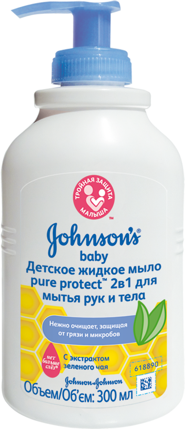 фото упаковки Johnson's Baby Pure Protect детское жидкое мыло 2в1 для мытья рук и тела