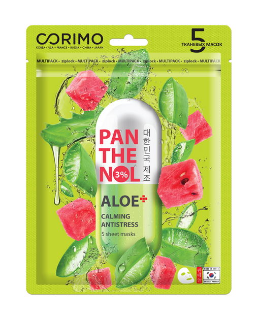 Corimo Aloe-Panthenol Маска для лица тканевая, маска для лица, липидовосстанавливающий, 70 г, 5 шт.