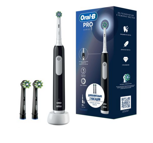 Oral-B набор Щетка зубная электрическая Pro 1 тип 3791, черного цвета, набор, с зарядкой 3757+Насадка сменная черная CrossAction 2шт, 1 шт.